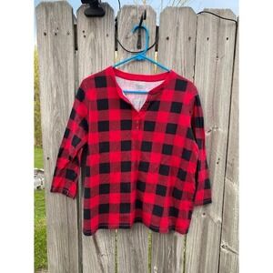Kim Rogers Womens Buffalo Plaid Henley Top Red Black 3/4 Sleeve XL‎ 100% Cotton